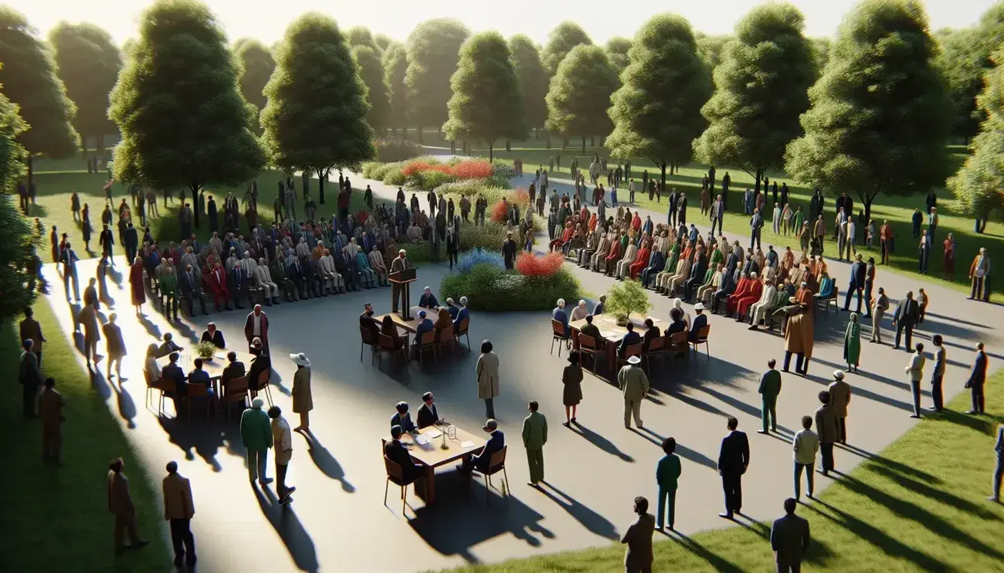 Reunión comunitaria al aire libre en parque con personas diversas dialogando, árboles en flor y mesa informativa en un día soleado.