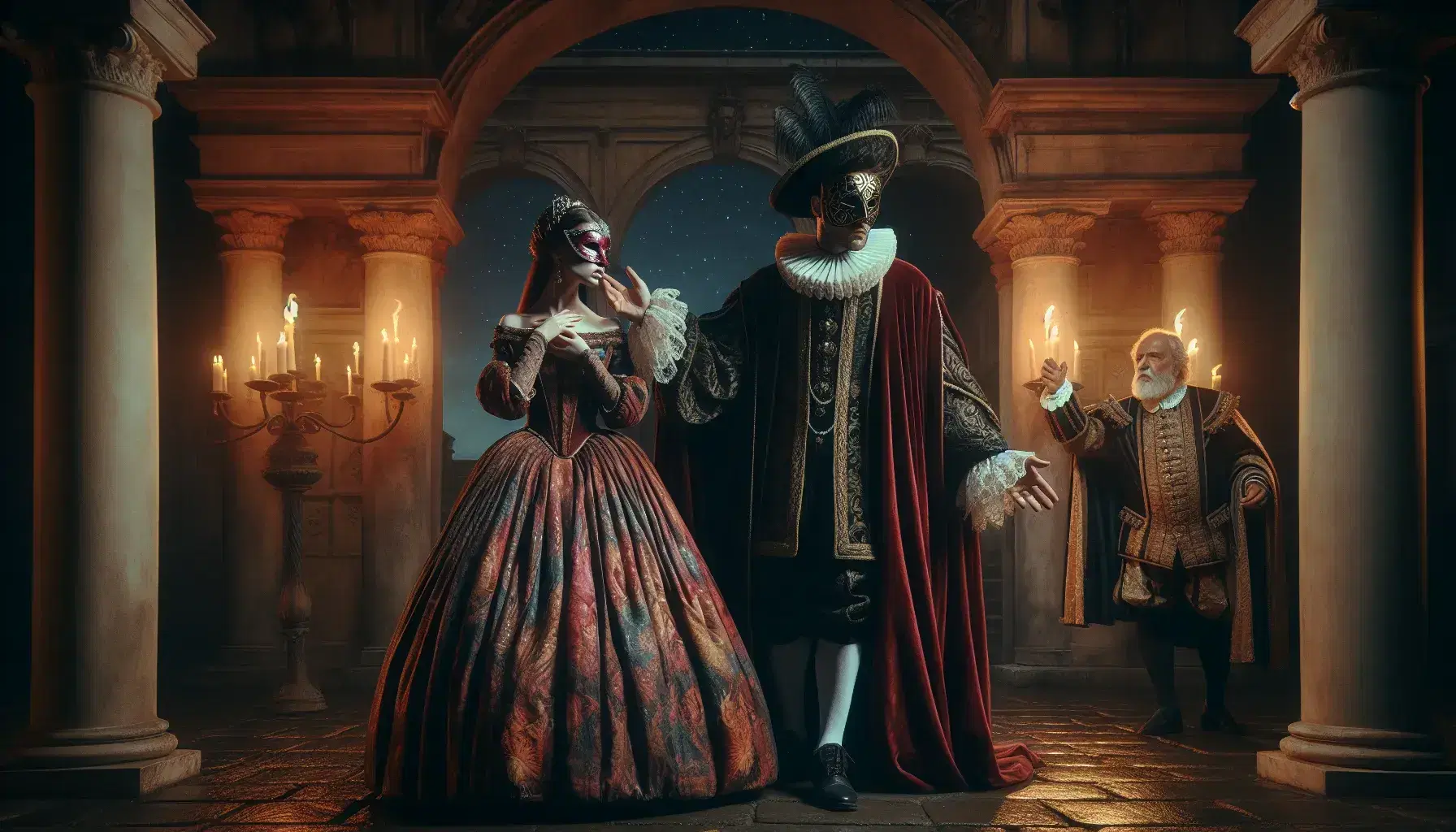 Scena teatrale rinascimentale con uomo mascherato e donna in abito rosso e oro, sotto un cielo stellato tra colonne di marmo.