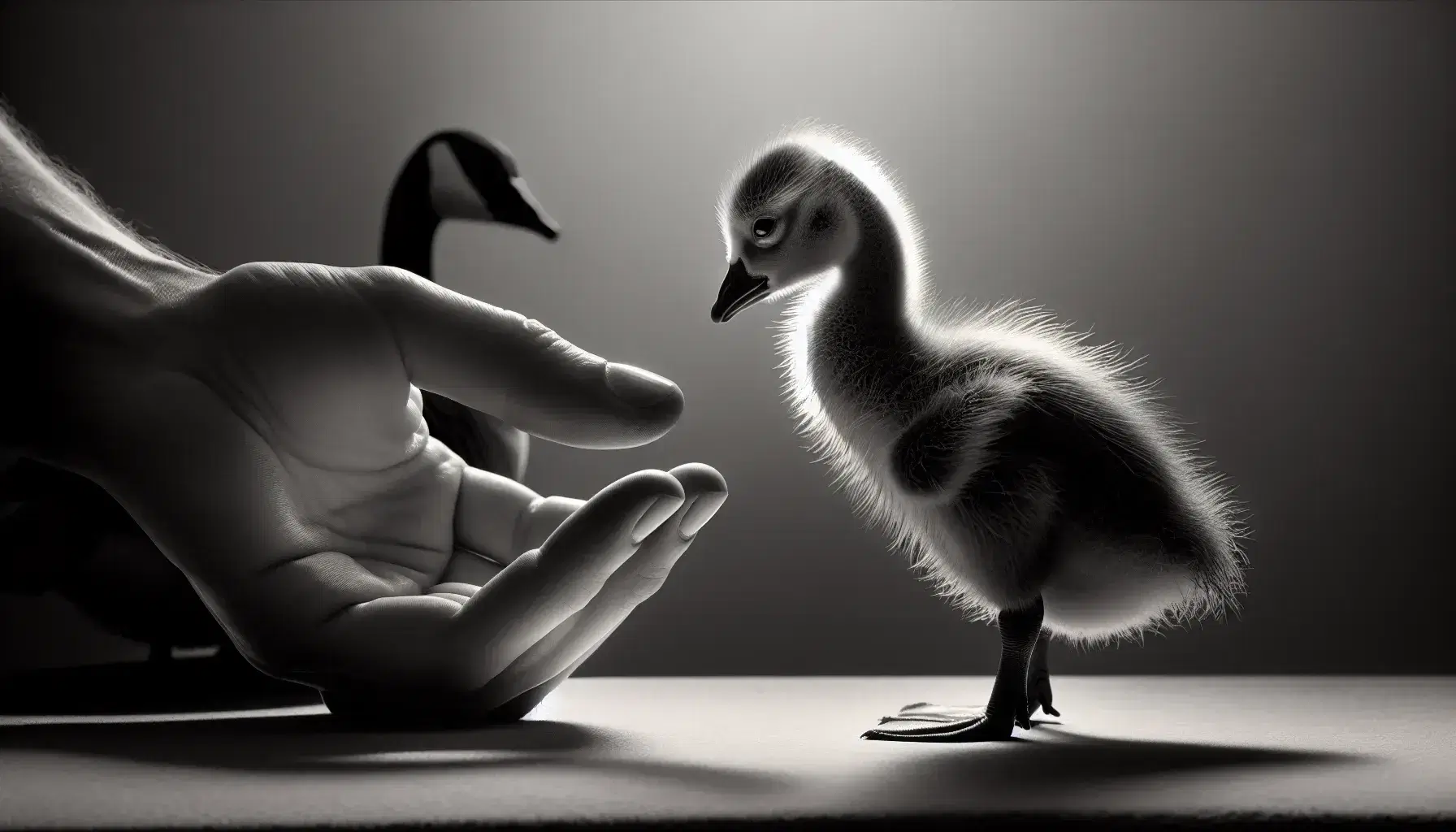 Young goose chick with soft plumage interacts with a human hand on blurred background with adult goose.