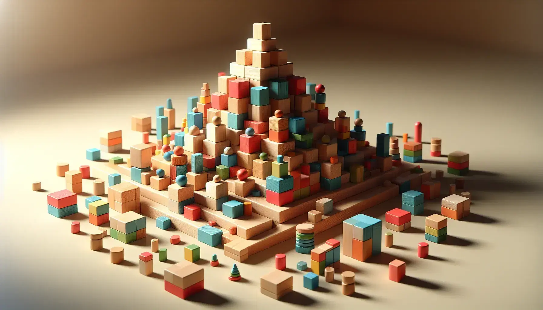 Bloques de madera geométricos en colores variados formando una pirámide escalonada con piezas sueltas alrededor sobre superficie lisa.