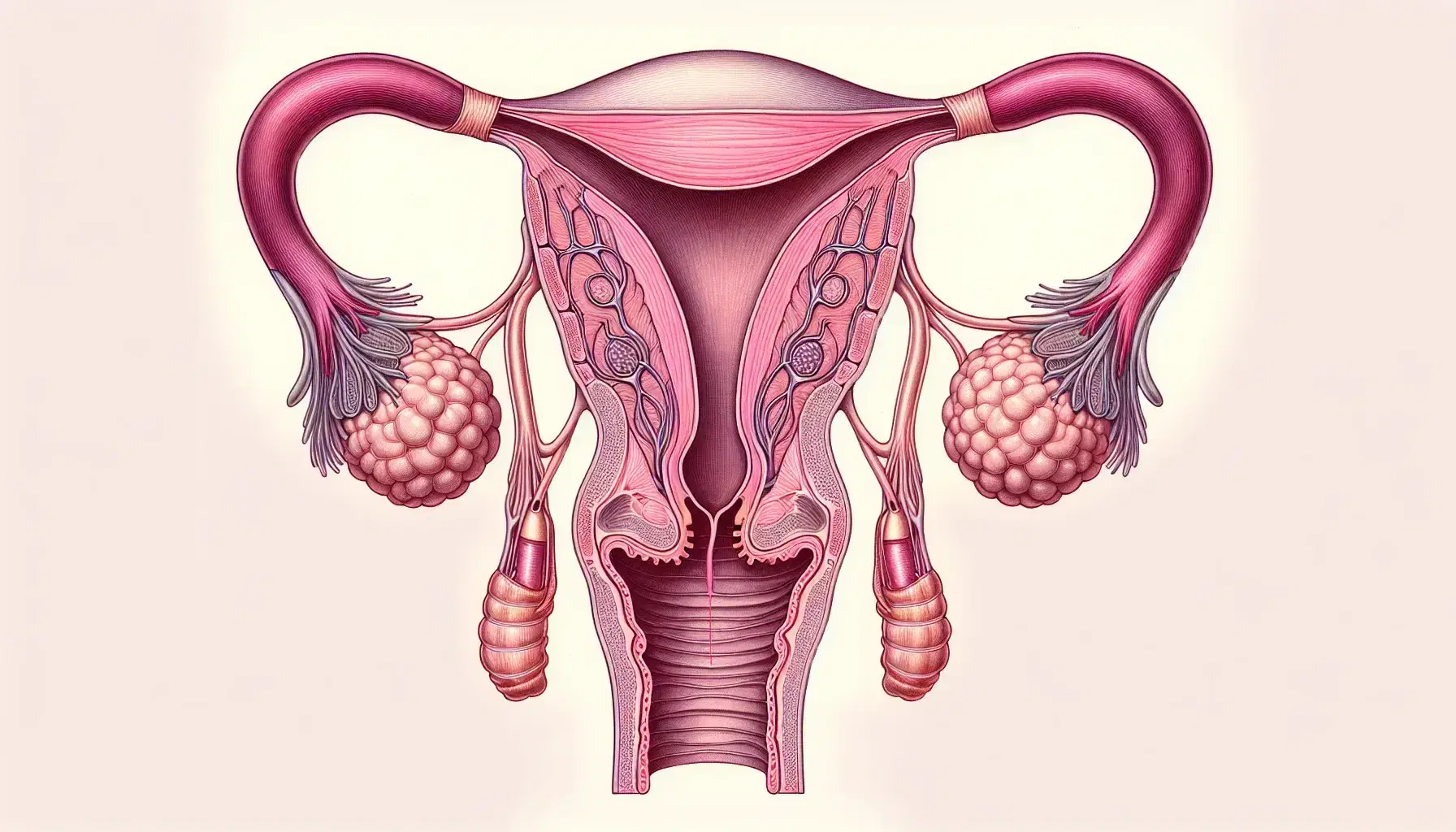 Ilustración detallada del sistema reproductor femenino con útero, trompas de Falopio, ovarios, vagina, clítoris y bulbos vestibulares en vista frontal.