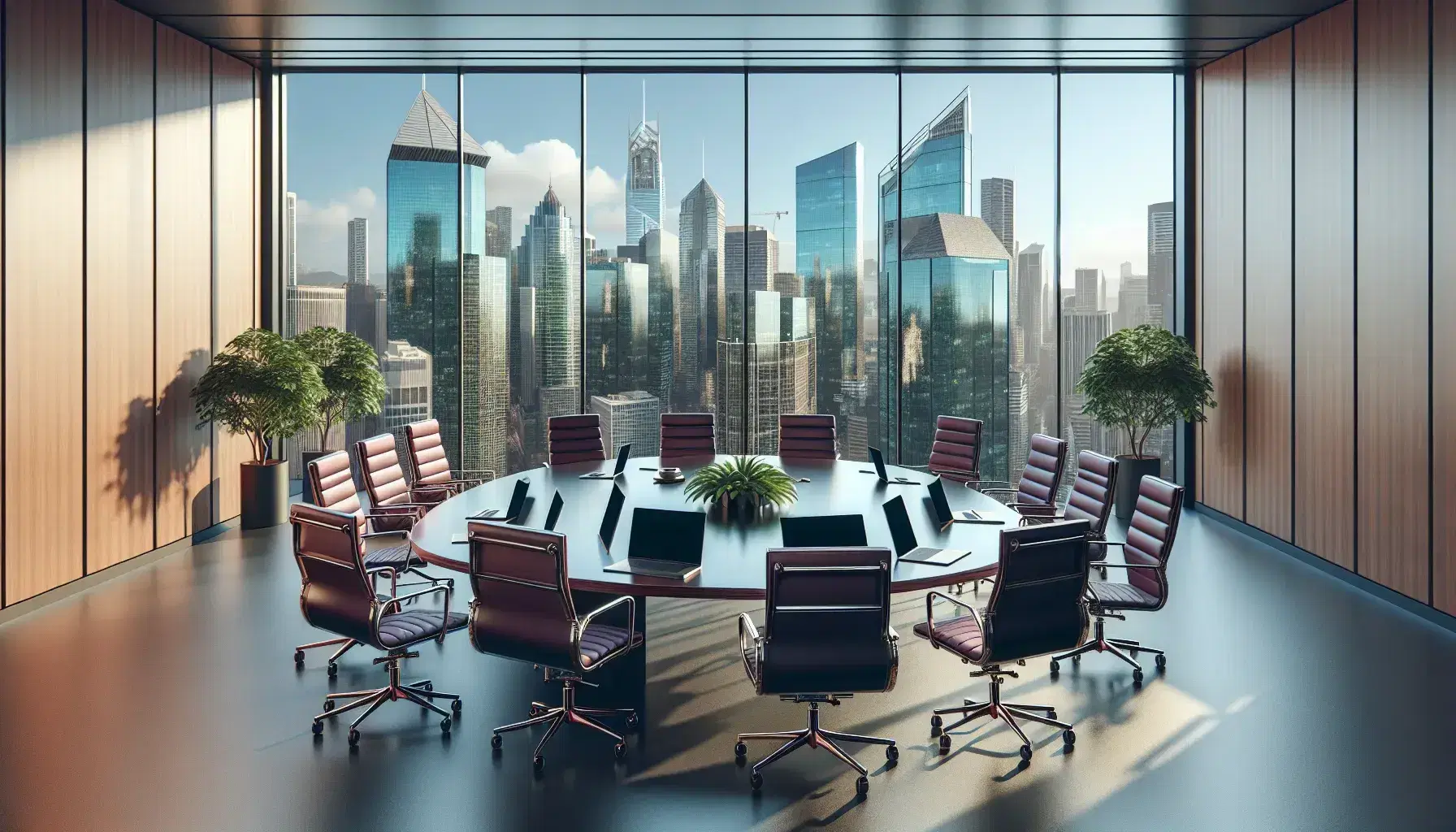 Modern corporate boardroom with oval wooden table, burgundy leather chairs, laptops, and panoramic city view through floor-to-ceiling windows.