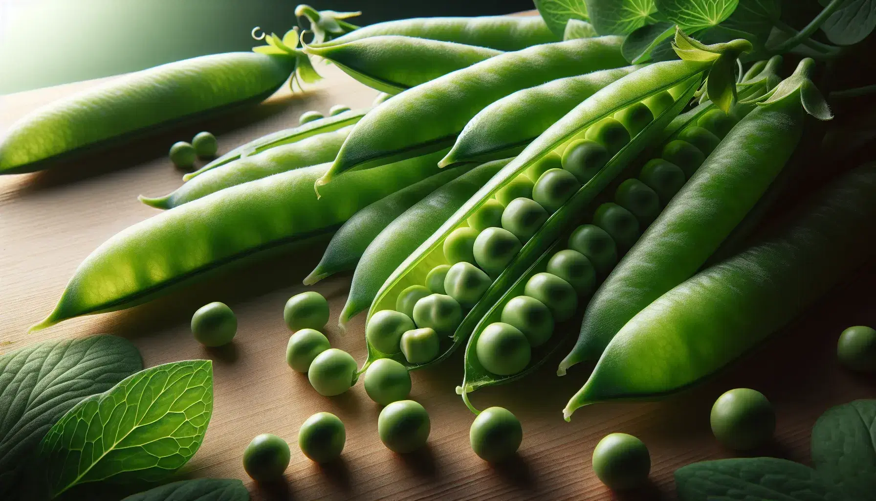 Vainas de guisantes verdes en primer plano, algunas abiertas mostrando semillas redondas y otras cerradas sobre superficie de madera, con hojas desenfocadas al fondo.