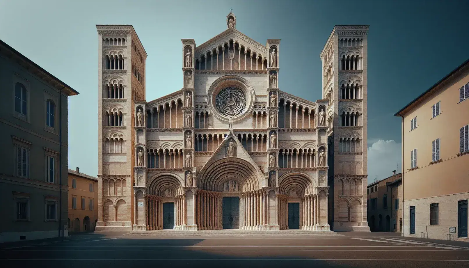 Vista frontale della Cattedrale di San Geminiano a Modena, con facciata romanica, portale centrale, rosone e torri laterali su cielo azzurro.