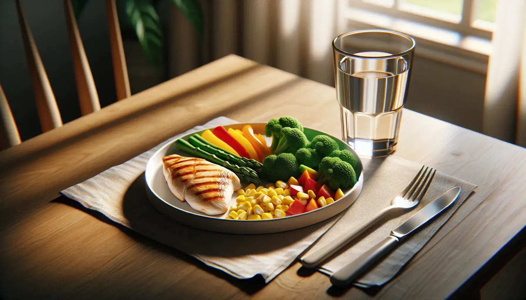 Round plate with balanced meal: green broccoli, red peppers, yellow corn kernels and grilled chicken breast, with glass of water and cutlery.