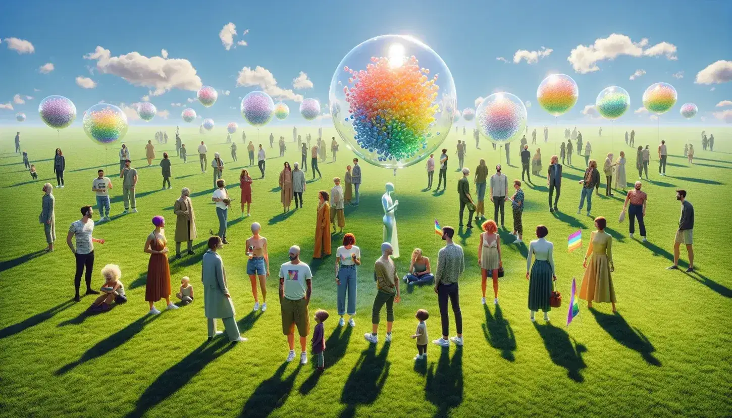 Gruppo eterogeneo di persone su prato verde con pallone trasparente pieno di palloncini arcobaleno, cielo azzurro e bandiera arcobaleno.