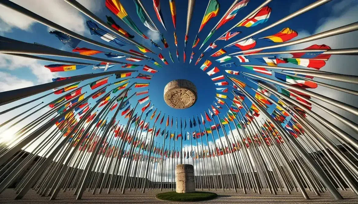 Bandiere dell'Unione Europea sventolano intorno a un antico cippo rotondo simbolo di unità sotto un cielo azzurro con nuvole sparse.
