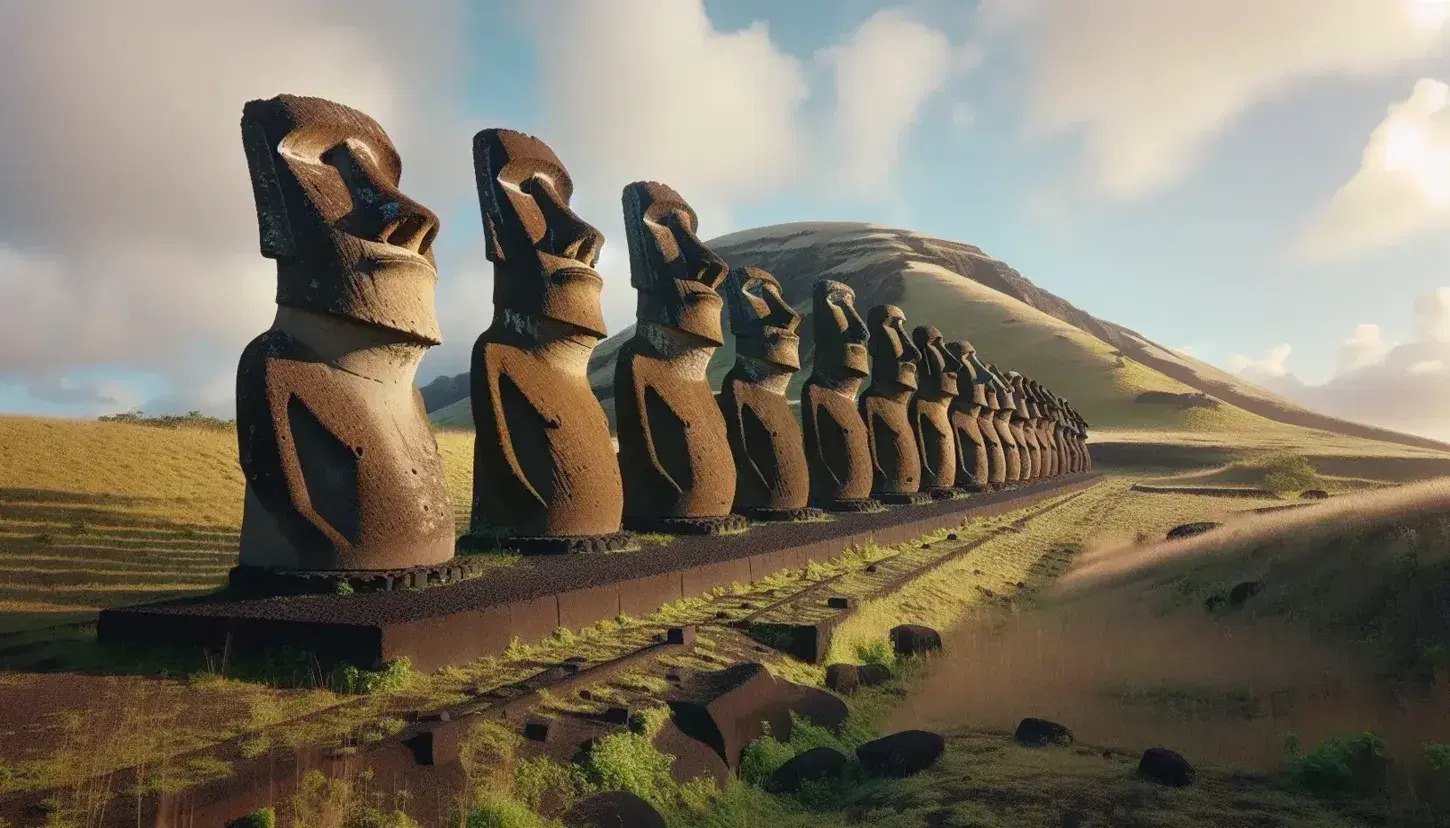 Moais monolíticos en la ladera del volcán Rano Raraku en Isla de Pascua, con cielo azul y vegetación escasa.