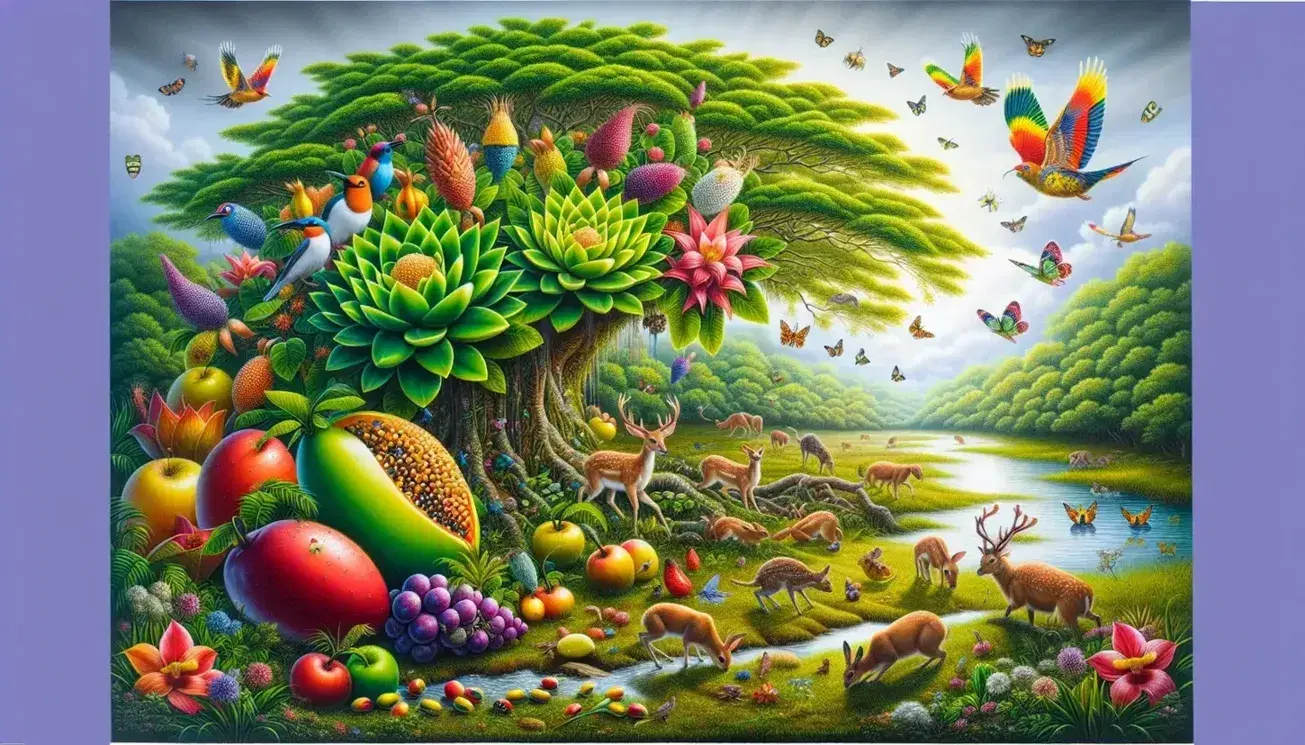 Albero frondoso con frutti colorati caduti al suolo, uccelli variopinti sui rami, conigli, cervi e fauna fluviale in un paesaggio naturale luminoso.