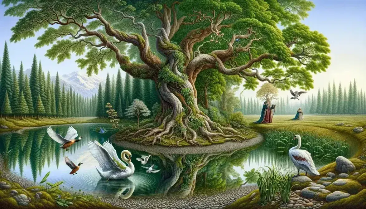 Serene landscape with leafy tree, birds, swan on pond, human figure transforming into tree, snow-capped mountains, embracing couple and marble sculpture.
