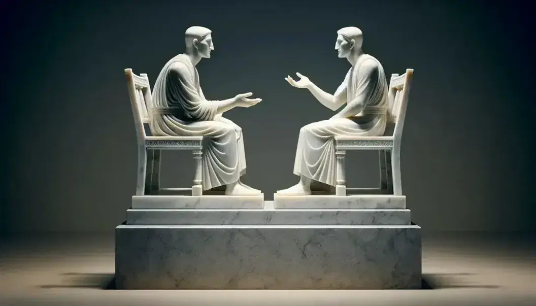 Escultura en mármol blanco de dos figuras humanas sentadas en sillas clásicas frente a frente, una gesticulando y la otra atenta, sobre pedestal de mármol gris.