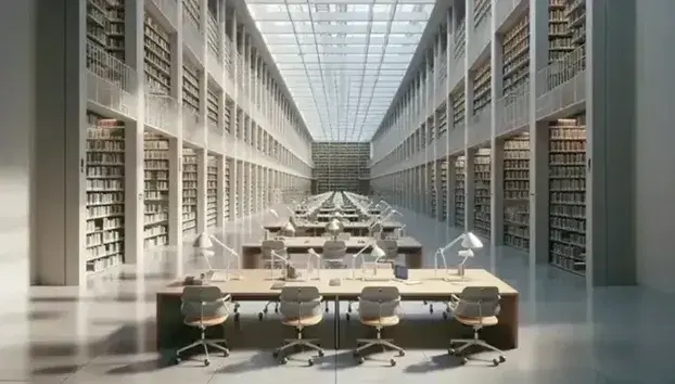 Biblioteca universitaria moderna con scaffali di libri, tavoli di studio in legno chiaro, sedie ergonomiche trasparenti e luce naturale abbondante.