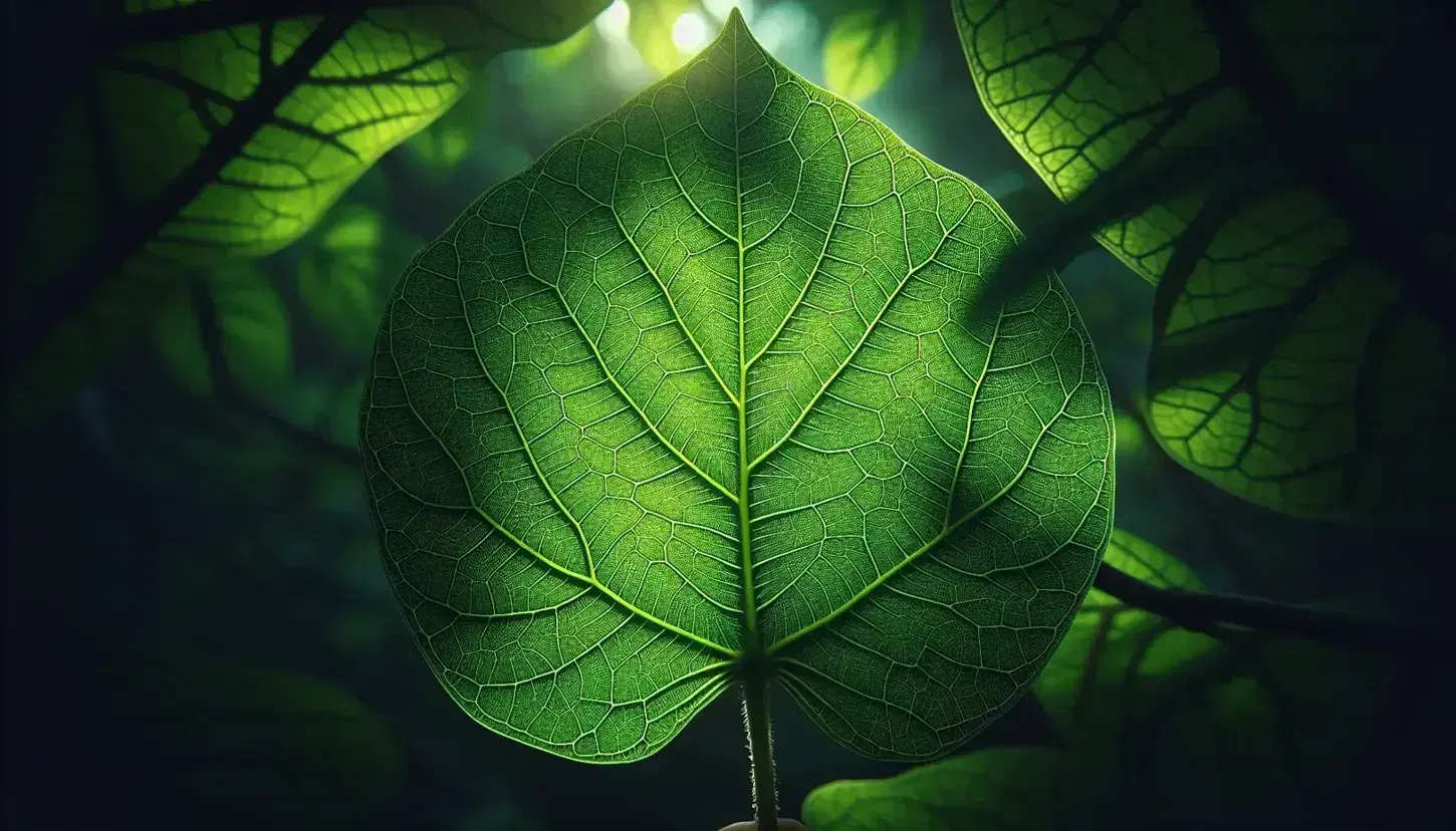 Vibrant green leaf in foreground with network of veins and hairy edges, illuminated by the sun against blurred foliage background.