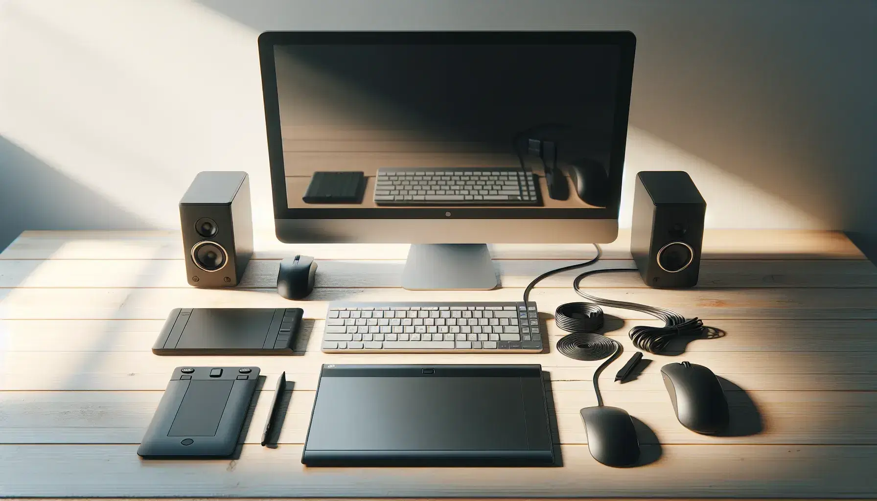 Mesa de oficina de madera clara con teclado negro, ratón óptico, tableta gráfica con lápiz, monitor apagado y disco duro externo.