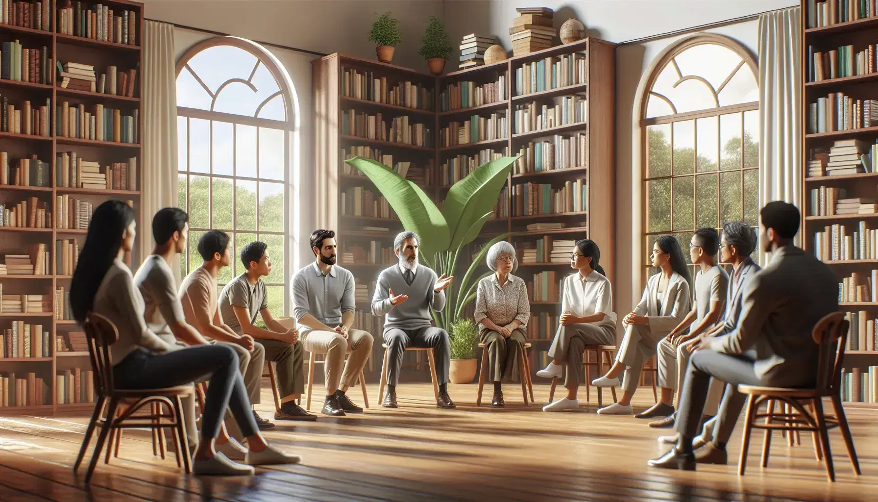 Diverse group engaged in a discussion led by a Caucasian man in a bright room with large windows, bookshelf, and a potted plant.