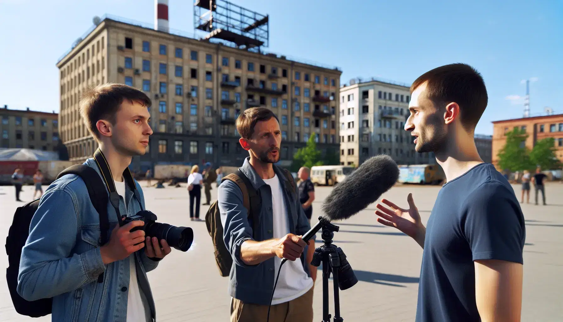 Entrevista en la calle con reportero sosteniendo micrófono frente a entrevistado que gesticula, y fotógrafo capturando el momento, en un día soleado.