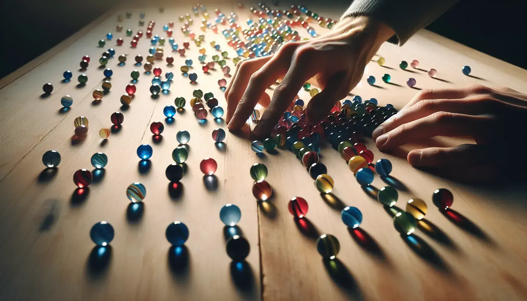 Hands sorting colored marbles on light wooden surface, with rows separated by color: red, blue, green, yellow and purple.