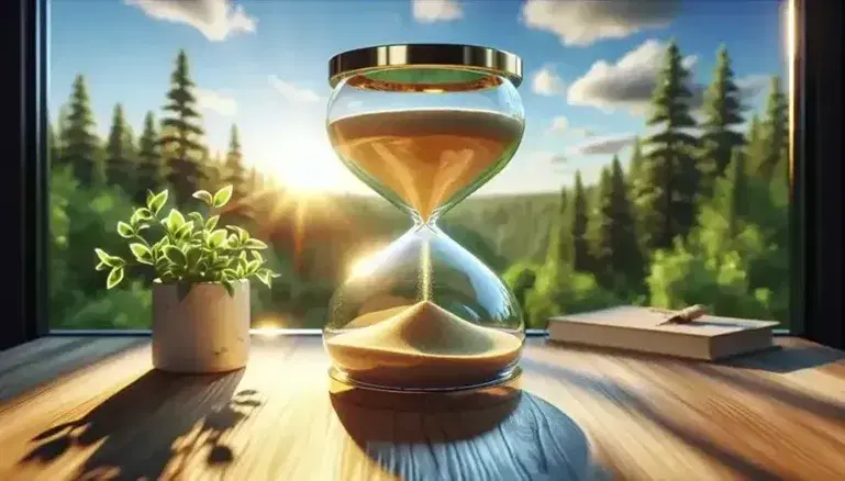 Reloj de arena de vidrio con arena dorada sobre superficie de madera clara, con paisaje natural y planta en primer plano.