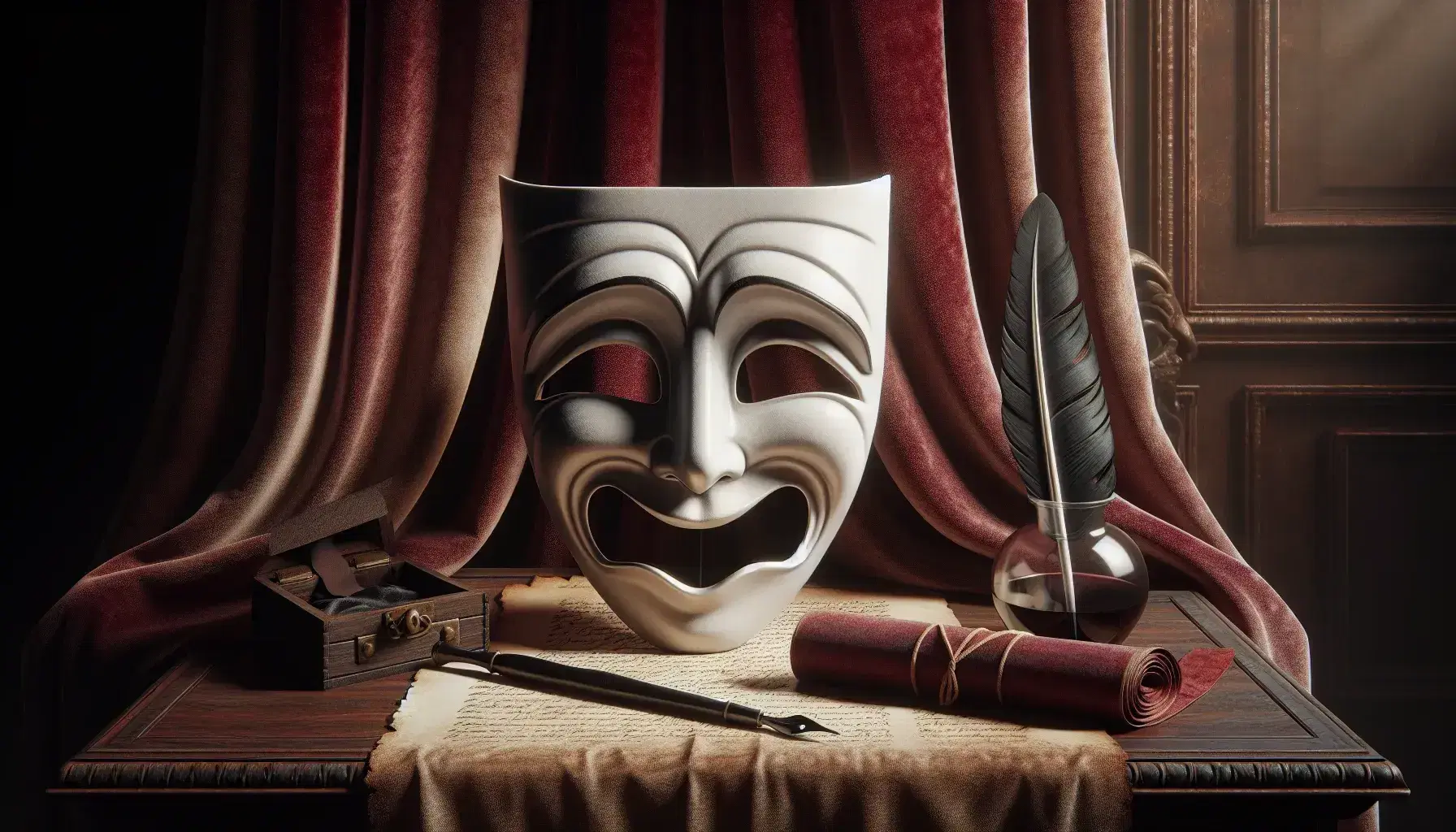 Maschera teatrale bianca bifronte con espressioni di gioia e tristezza su tavolo in legno scuro con calamaio, piuma e manoscritto, sfondo di tenda rossa teatrale.