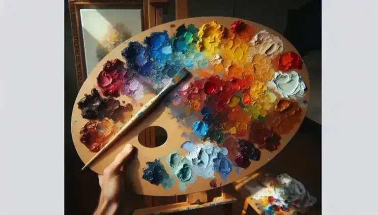 Paleta de pintor ovalada de madera con pinturas al óleo en colores primarios y secundarios, mezclas en el centro, pincel con azul y lienzo en fondo.