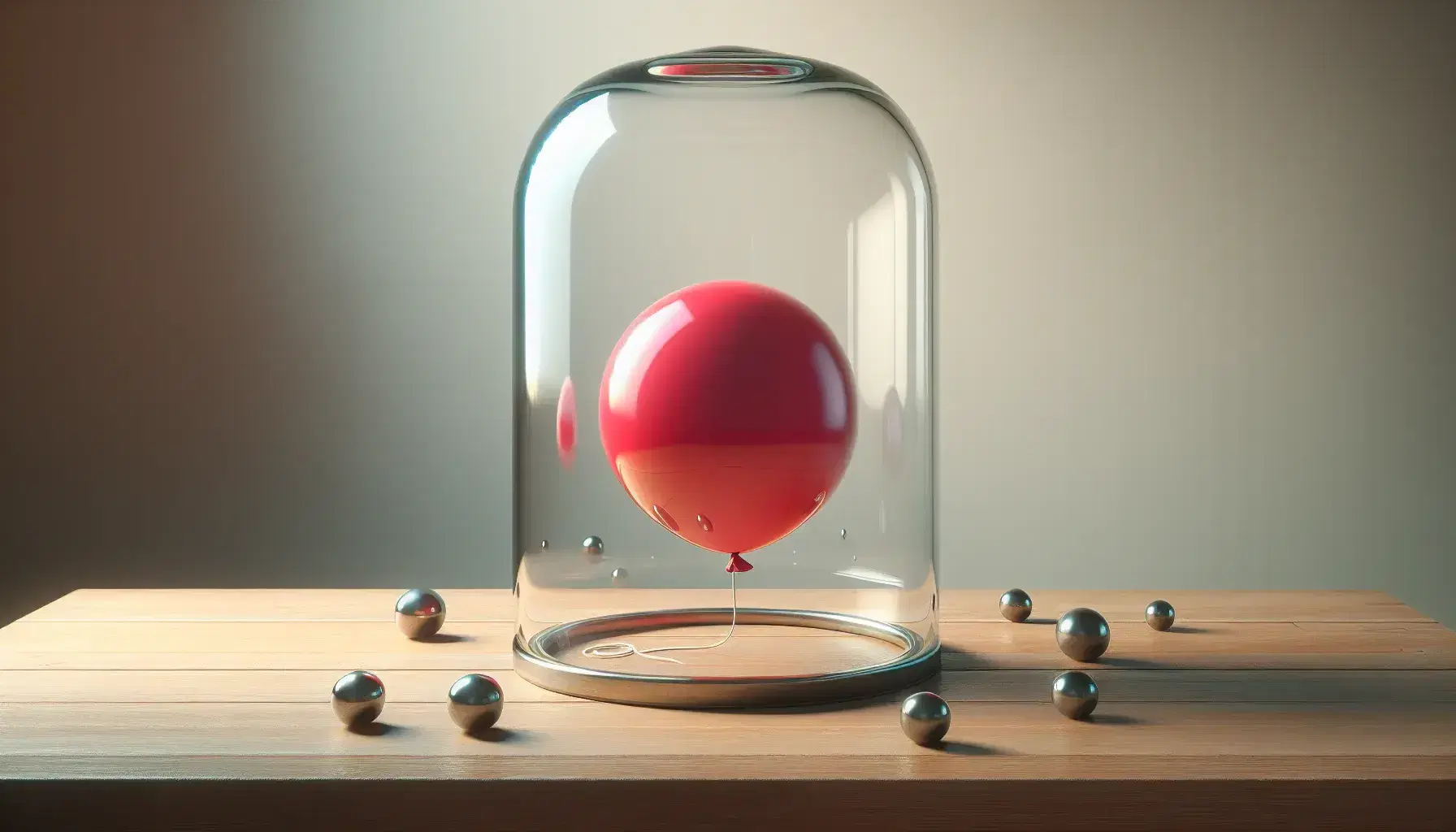Semi-deflated red helium balloon floats in glass jar on wooden table, surrounded by cylindrical metal weights.