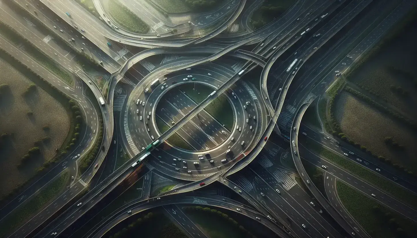 Vista aérea de una intersección vial compleja con una rotonda central y múltiples ramales, rodeada de áreas verdes y vehículos en movimiento.