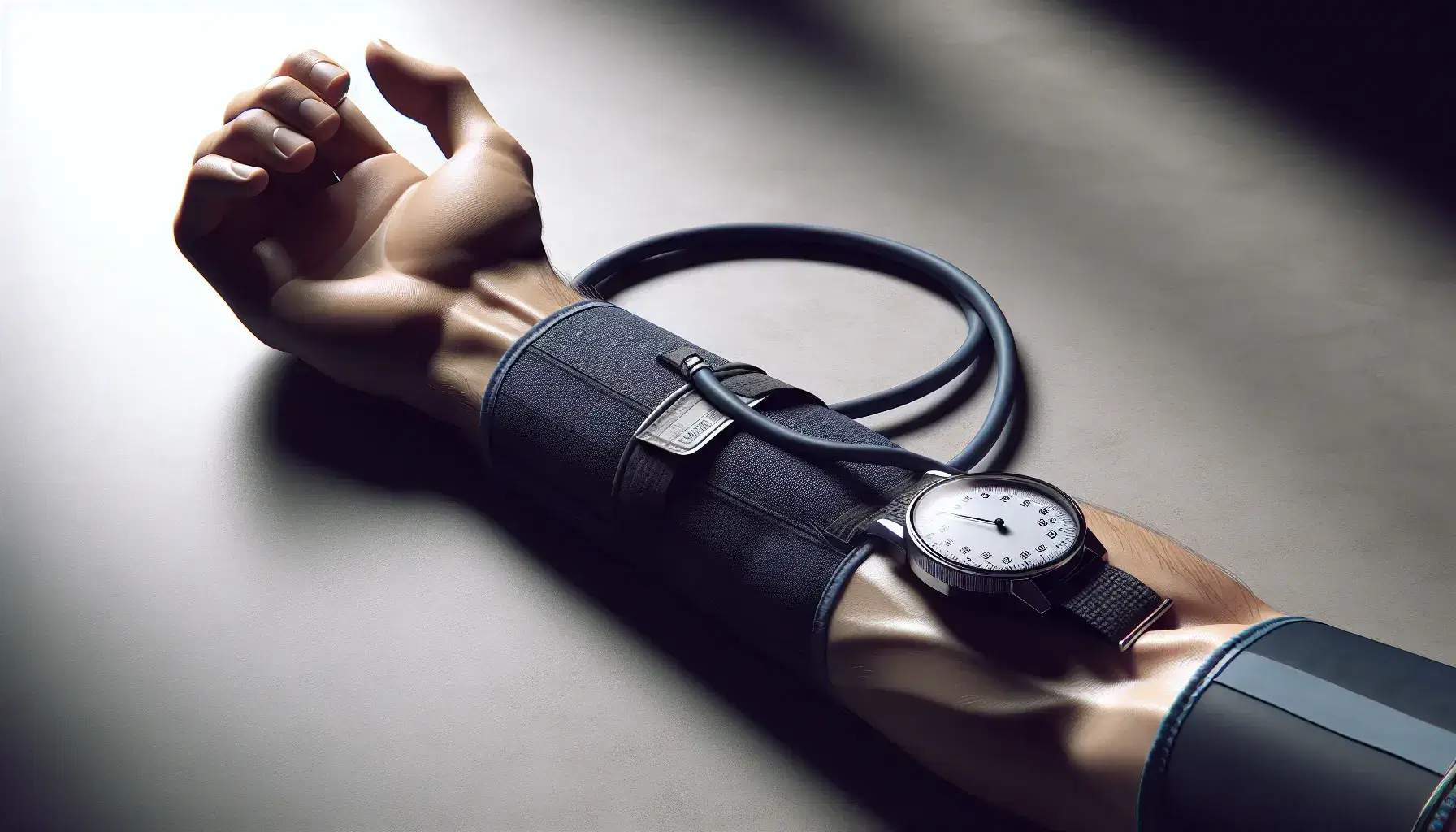 Brazo humano con esfigmomanómetro inflado midiendo la presión arterial y reloj de pulsera con correa negra y esfera plateada.