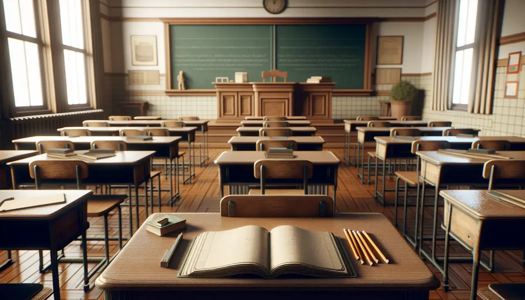 Traditional classroom with teacher's desk, open books, empty green blackboard, desks with notebooks and pencils, world map on wooden stand, beige walls and shiny floor.