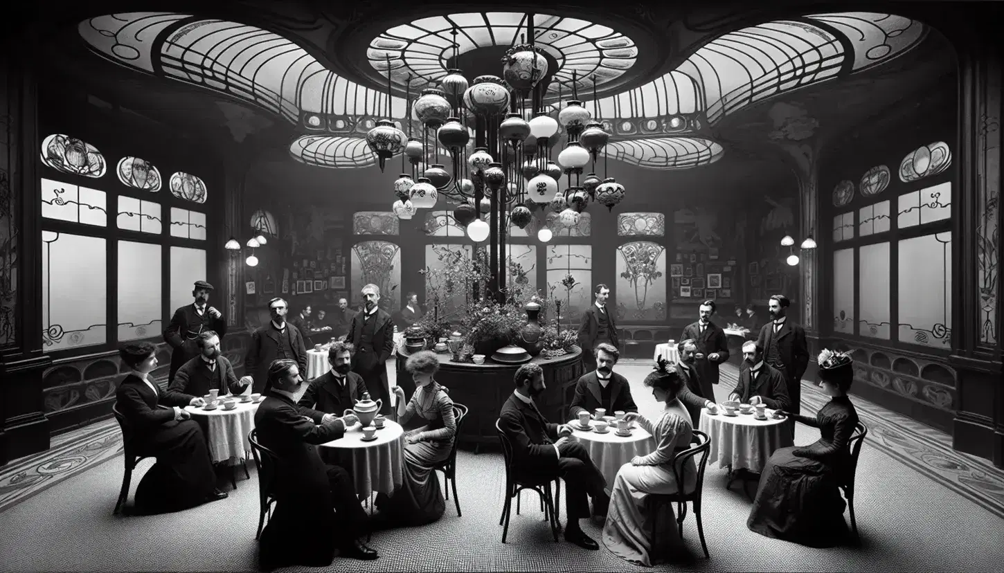 Grupo de personas de principios del siglo XX en animada reunión en café con decoración Art Nouveau, vestimenta de época y detalles elegantes como porcelana y flores.