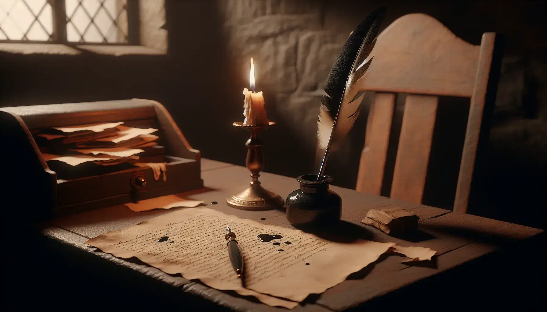 Dimly lit medieval study with a quill on an inkwell, handmade parchment on a wooden desk, a half-melted candle, and a pulled-out chair.