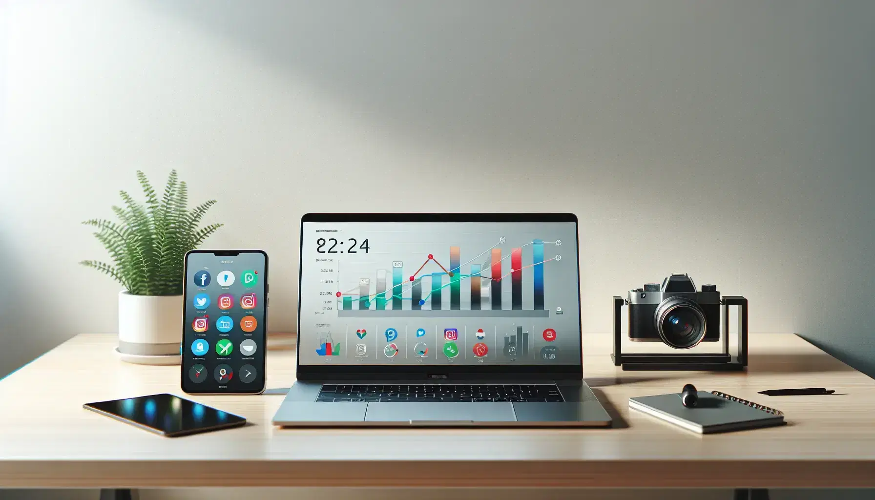 Espacio de trabajo moderno con laptop mostrando gráficos, smartphone con apps de redes sociales, cámara digital y planta decorativa en fondo blanco.