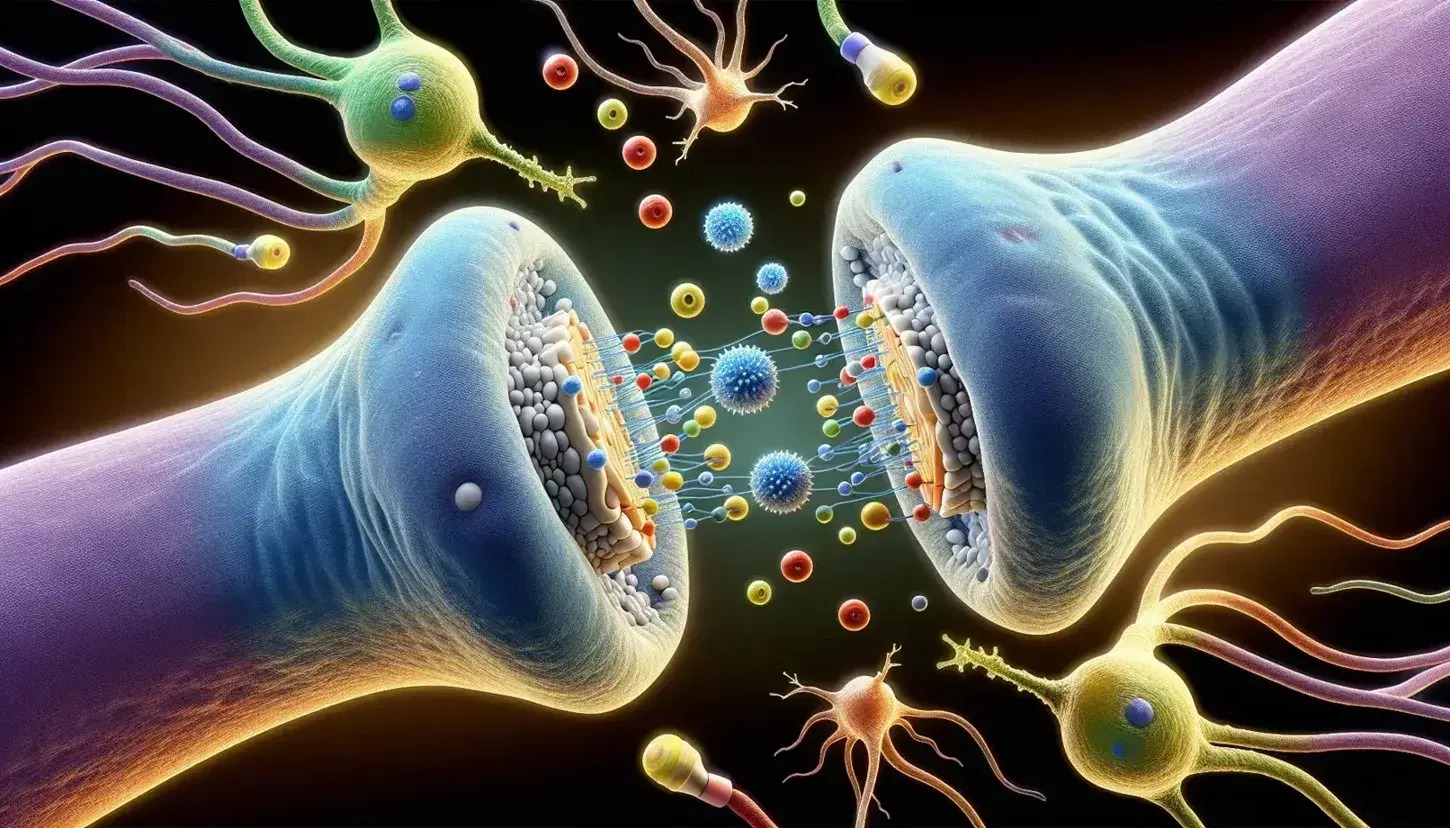 Representación tridimensional de una sinapsis neuronal con terminales axonales y dendríticos en azul y verde, vesículas de neurotransmisores y receptores en la cleft sináptica.