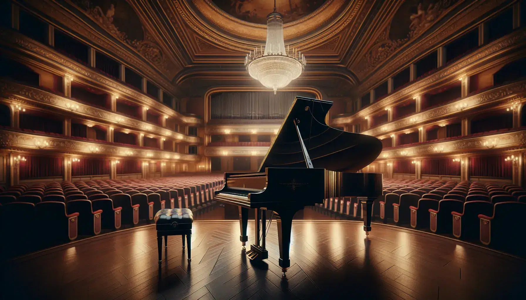 Pianoforte a coda nero in sala concerti ottocentesca con pavimento in legno lucido, sedili in velluto rosso e soffitto affrescato.