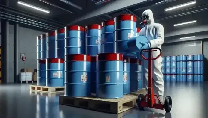 Barriles de plástico azules con tapas rojas apilados en un palé de madera y un trabajador en traje de protección manejándolos en un almacén iluminado.