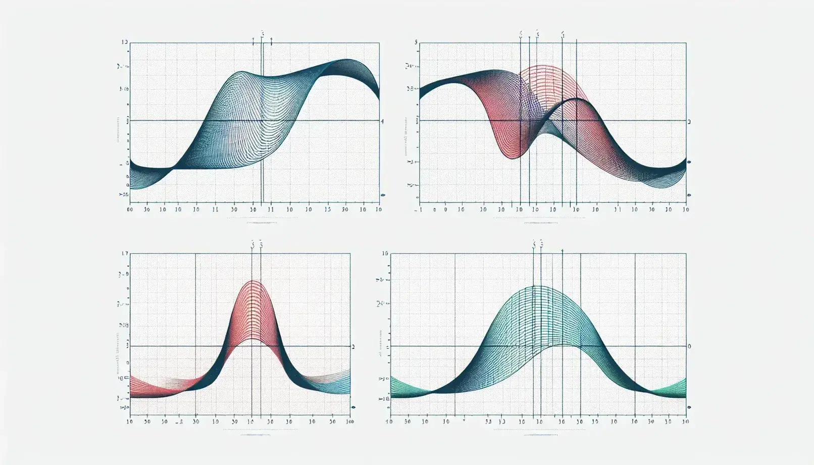 Grafici funzioni matematiche su assi cartesiani: curva blu con asintoto orizzontale, curva rossa parallela e curva verde oscillante.