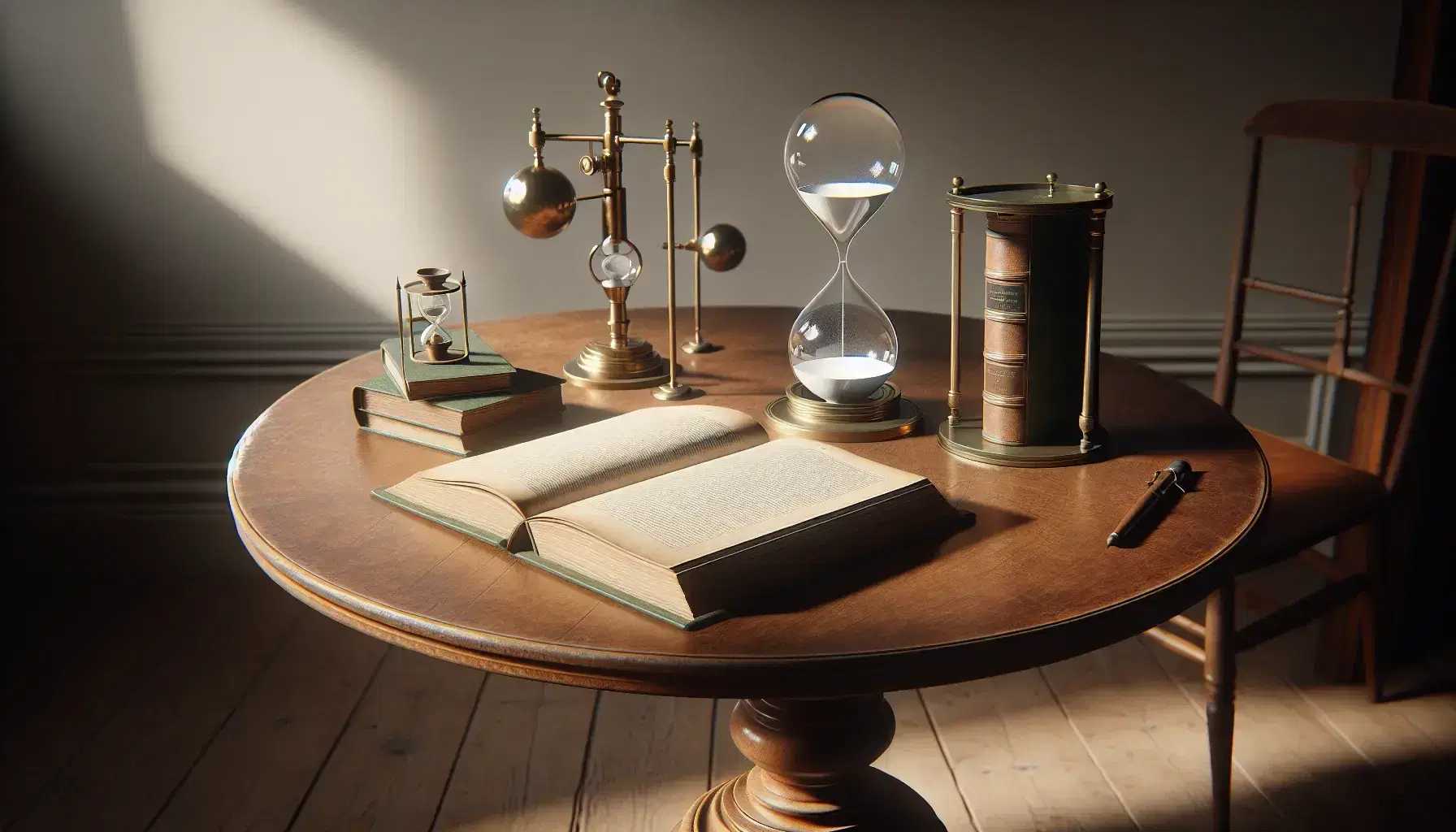 Round wooden table with open book, glass sphere, brass hourglass and vintage telescope in a cozy, softly lit room.