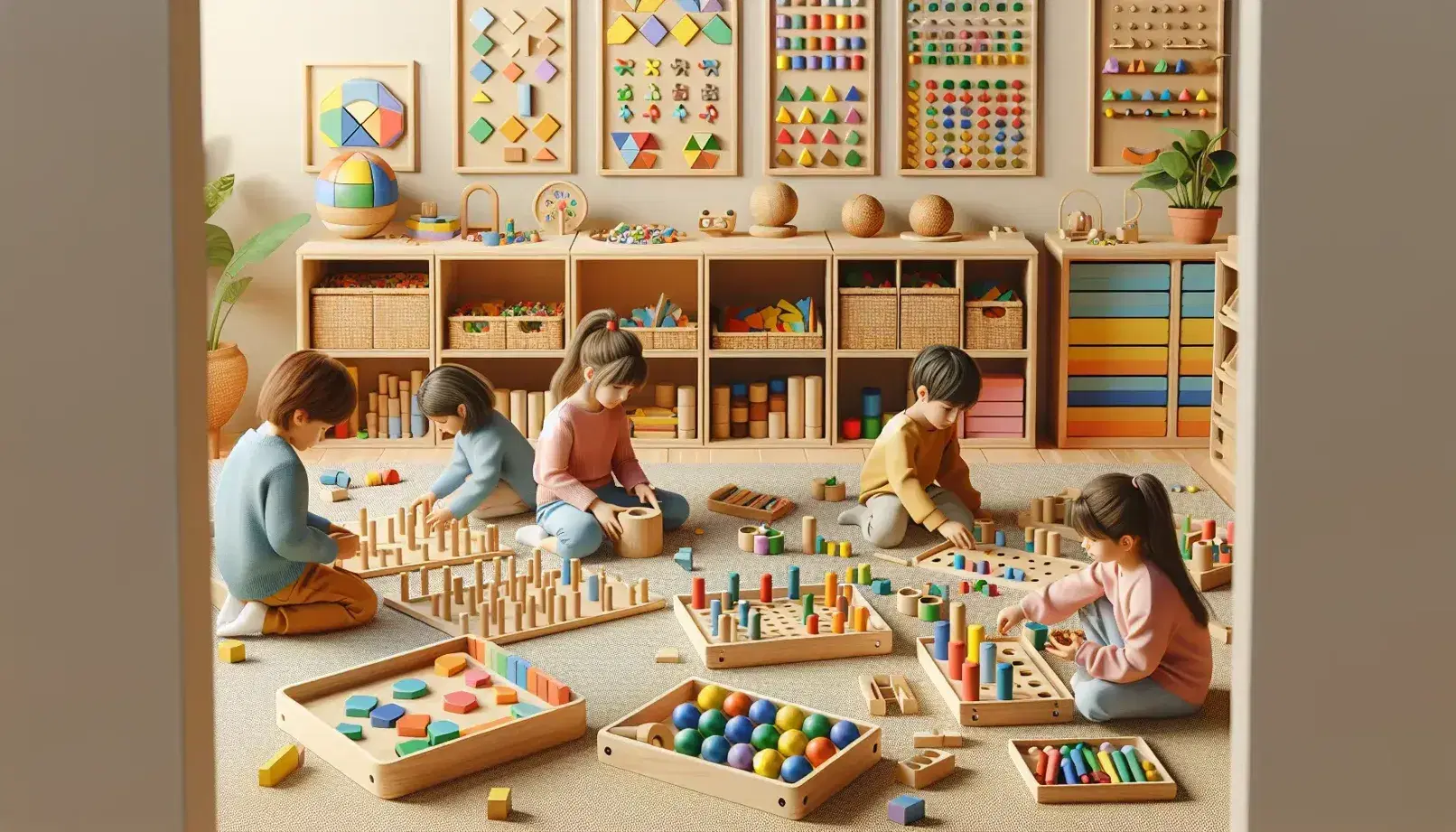 Bambini interagiscono con materiali didattici colorati in aula Montessori luminosa, tra cui cilindri di legno e forme geometriche, con piante verdi sullo sfondo.