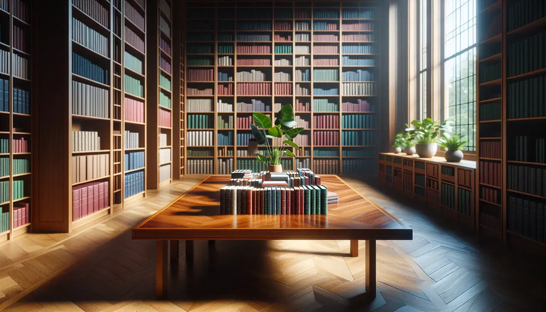 Biblioteca espaciosa con mesa de madera y libros apilados, estanterías llenas y planta verde bajo luz natural.