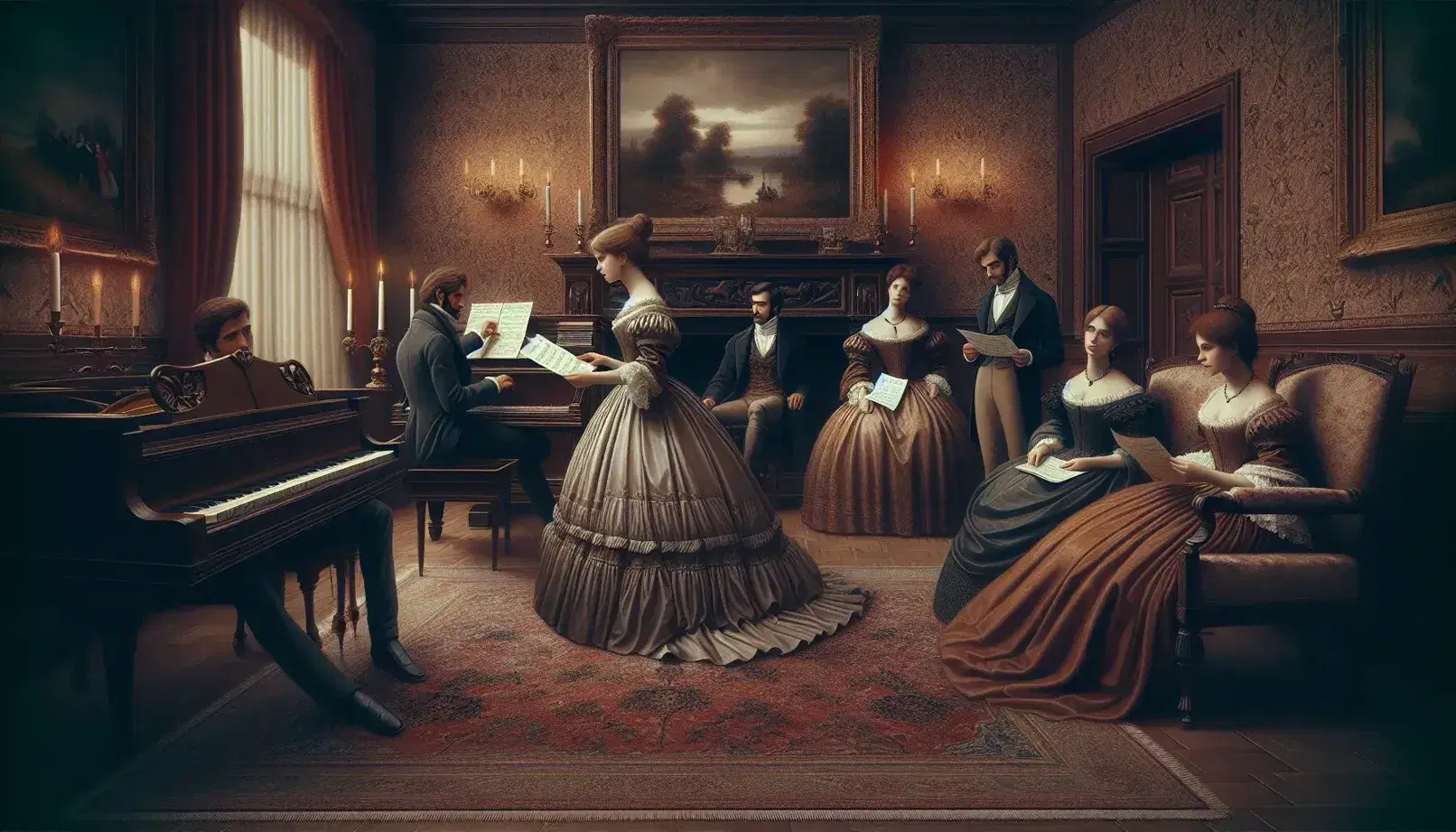 Salotto ottocentesco con gruppo di persone in abiti d'epoca, uomo al pianoforte e donna con spartiti, conversazioni animate e arredi eleganti.