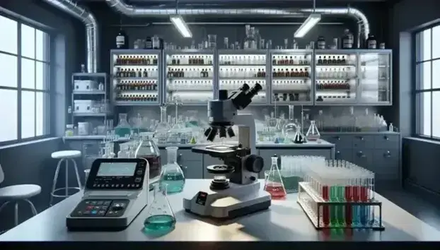 Laboratorio scientifico con microscopio elettronico, bilancia analitica digitale, provette colorate e scaffali con reagenti chimici.