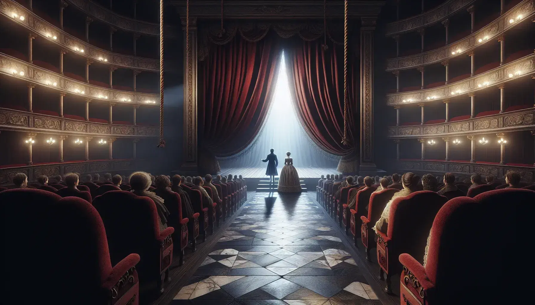 Escenario teatral con cortina roja, actores en vestuario de época y asientos vacíos, iluminación focalizada en una atmósfera de elegancia.
