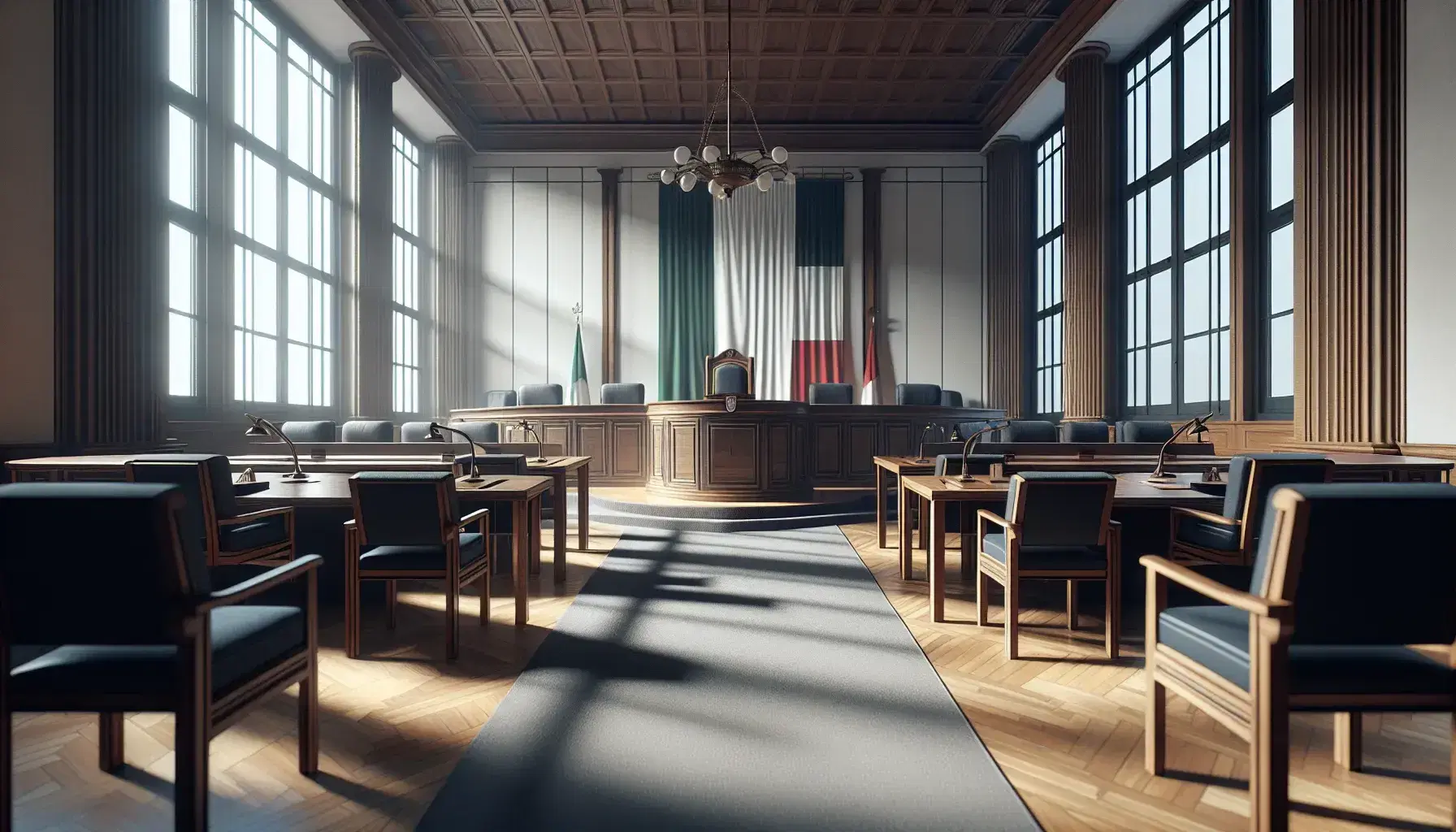 Aula di tribunale vuota con banco del giudice in legno scuro, banchi con sedie imbottite e bandiera italiana, illuminata da luce naturale.