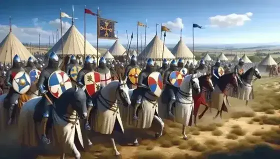 Knights of the First Crusade in mail armour, helmets and colorful shields, with spears at the tented camp under a blue sky.