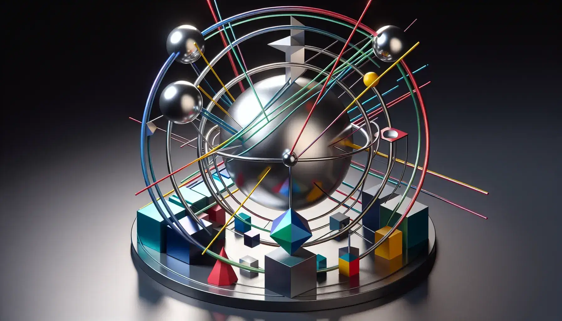 3D geometric composition with reflective silver sphere in the center, surrounded by colorful shapes and multicolored beams on a gray gradient background.