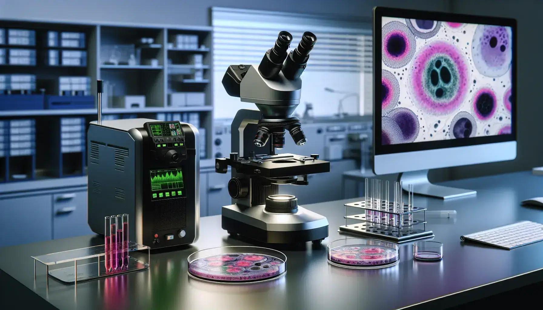Modern biological laboratory with high-resolution microscope, colorful stained tissue sample in petri dish, benchtop centrifuge, glass slides, and computer displaying fluorescent cell images.