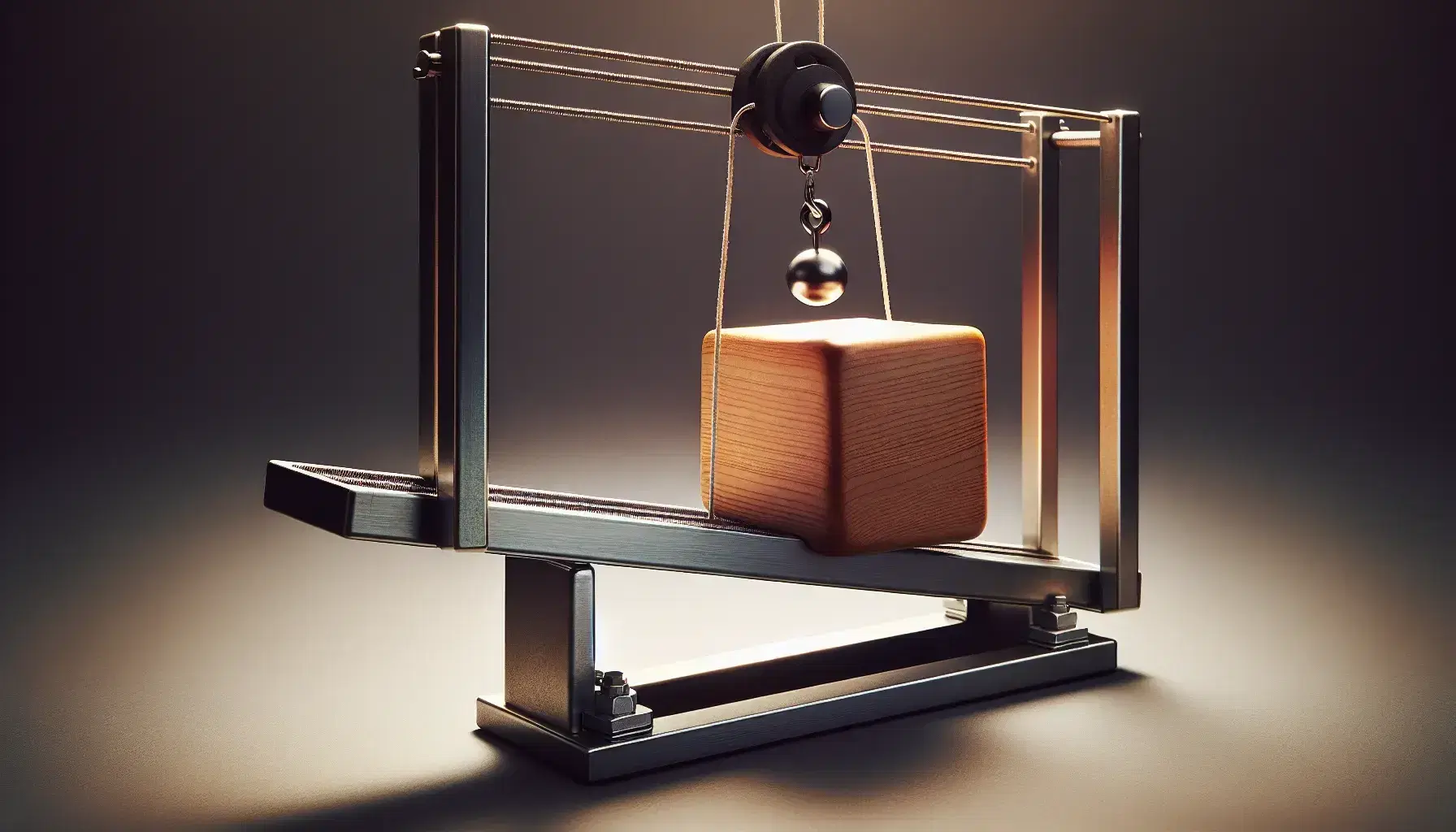 Close-up of a physics inclined plane experiment with a wooden block on a steel ramp, connected to hanging metal weights by a string over a pulley.