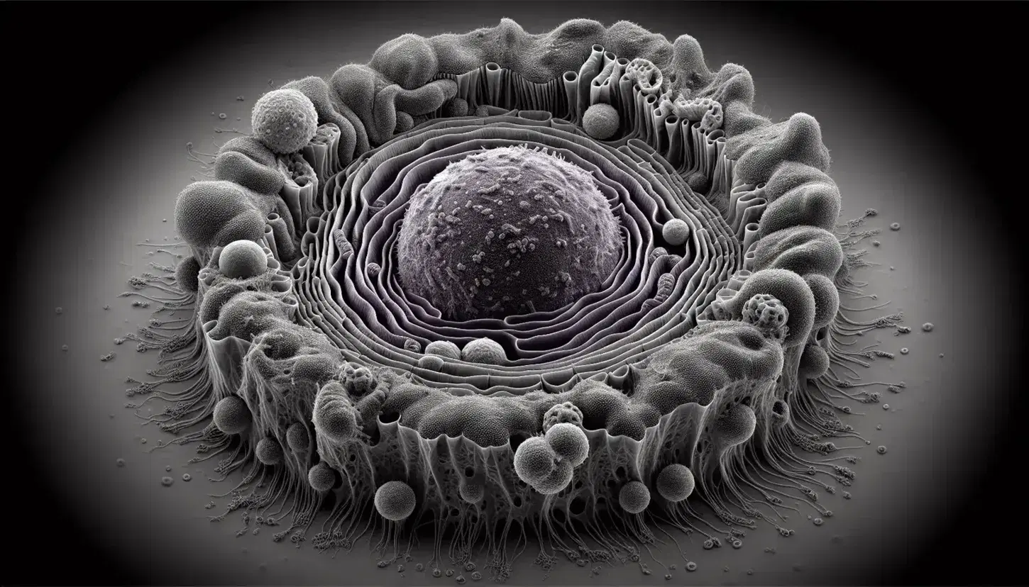 Vista microscópica de una célula eucariota con núcleo oscuro, membrana doble con poros y redes de retículo endoplasmático liso y rugoso con ribosomas.