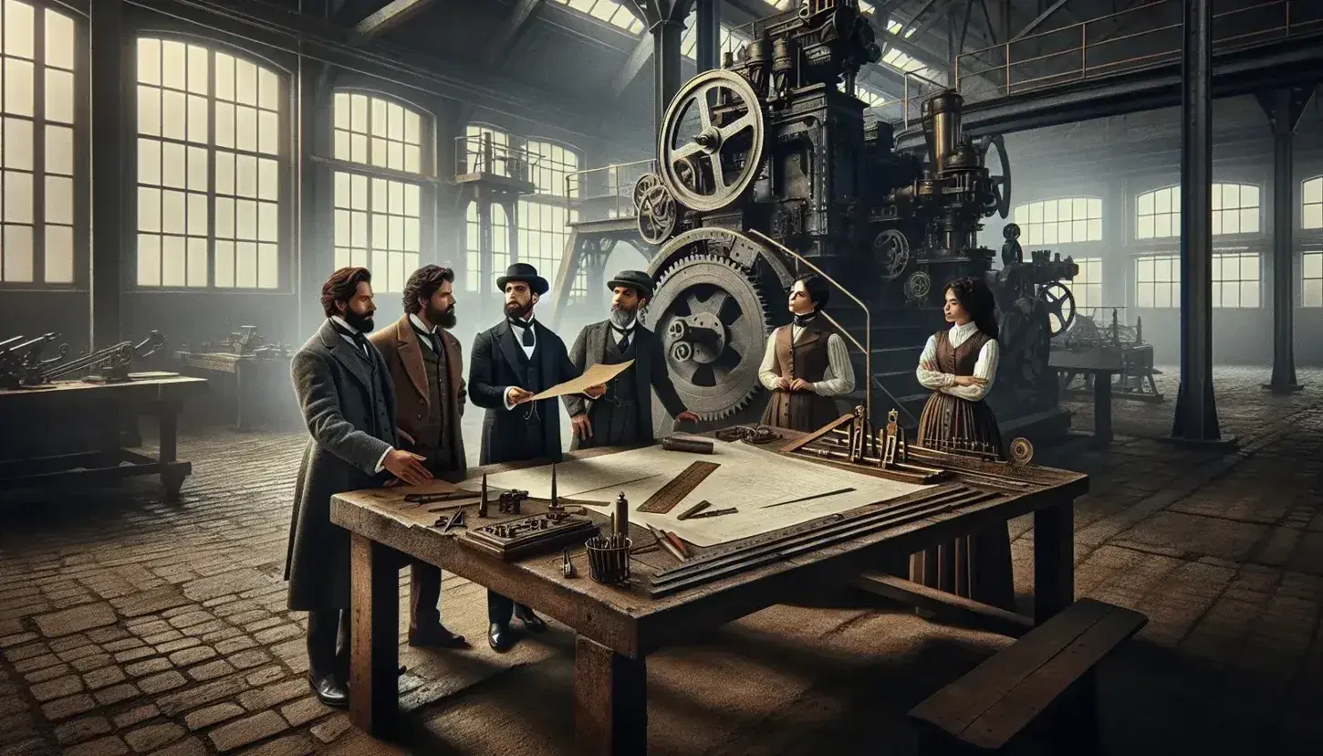 Grupo de cinco personas en vestimenta de principios del siglo XX colaborando en un proyecto en una antigua fábrica, con máquinas industriales de fondo.