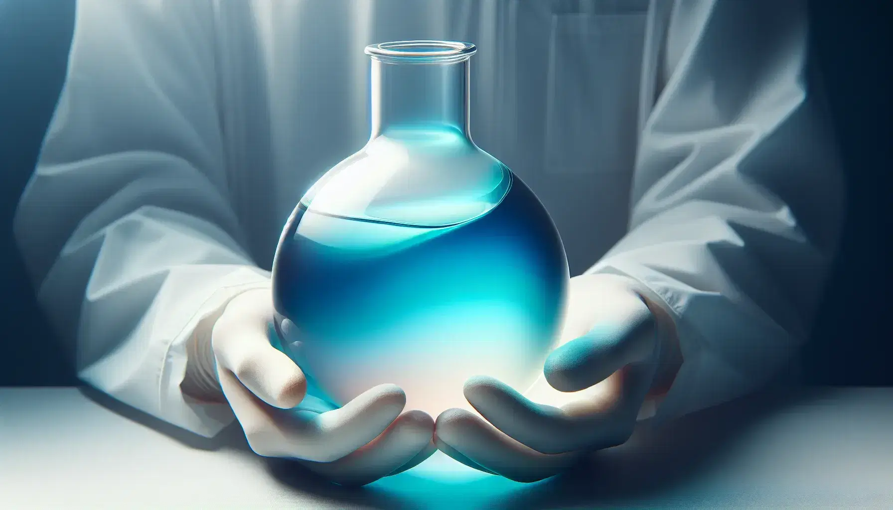 Hands in white gloves holding a glass flask with a blue gradient liquid, illuminated from behind, against a blurred white and gray background.