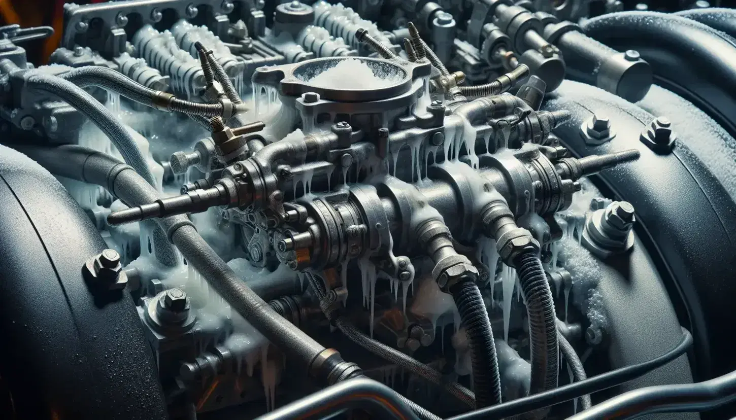 Close-up of a carburetor of an aircraft engine with icing on the metal surfaces and connected pipes.